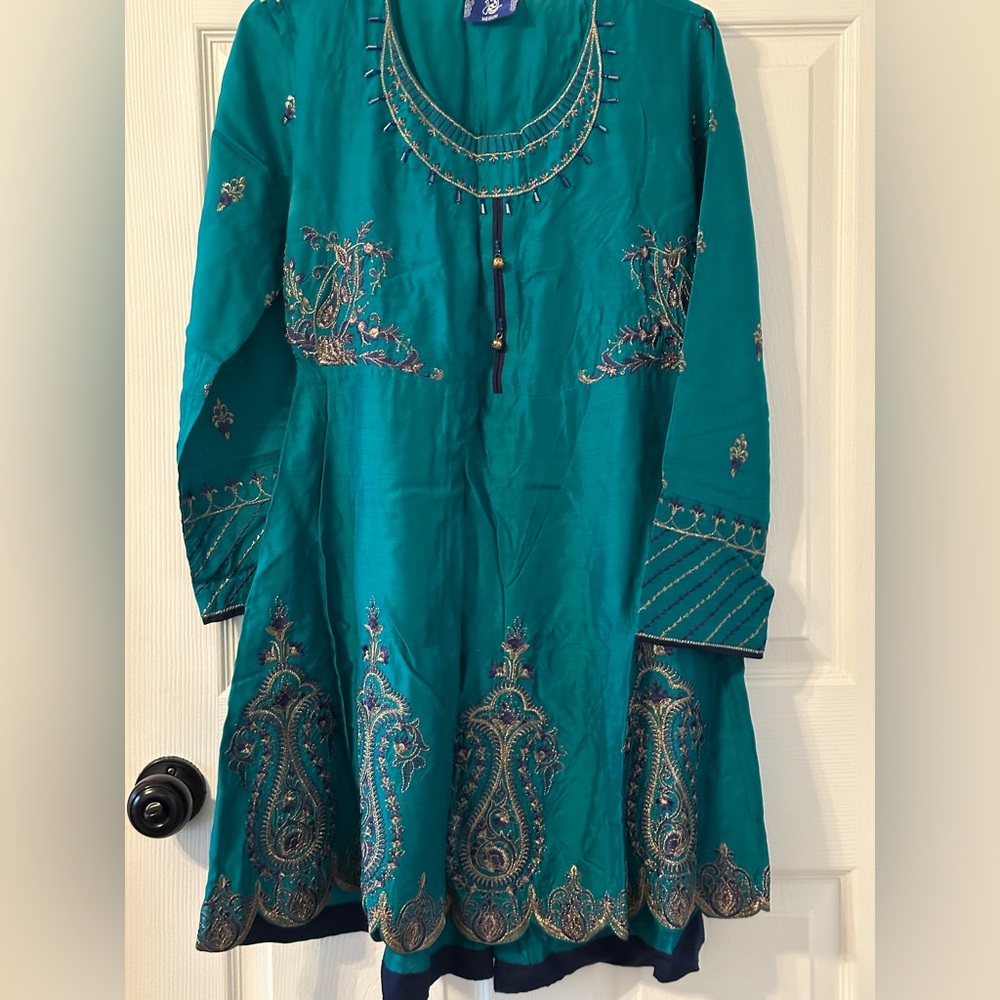 SOLD Teal Embroidered Silk Chiffon Suit, 3 Piece Pakistani/ Desi
